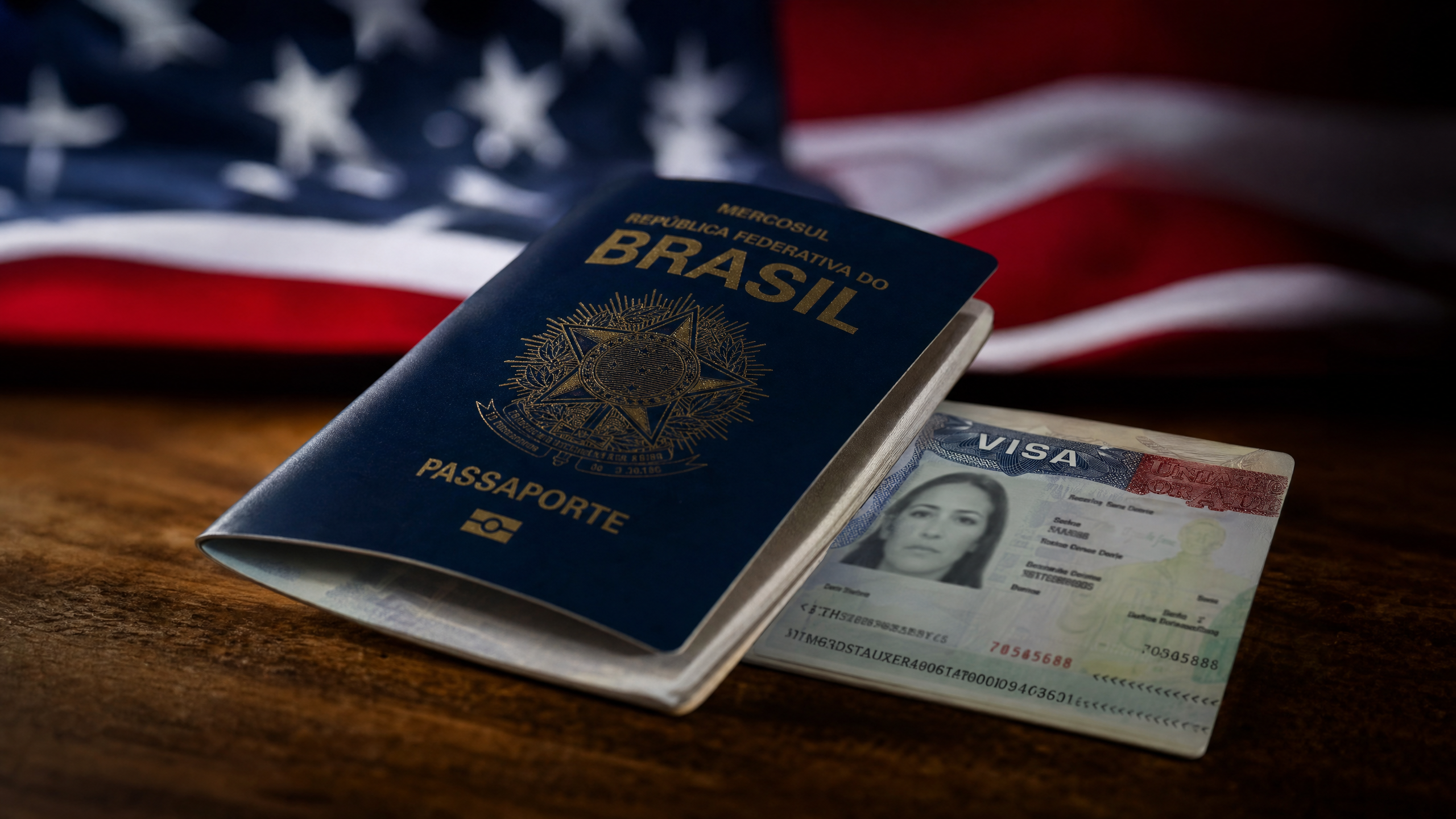Passaporte brasileiro e visto americano sobre mesa com bandeira dos EUA ao fundo