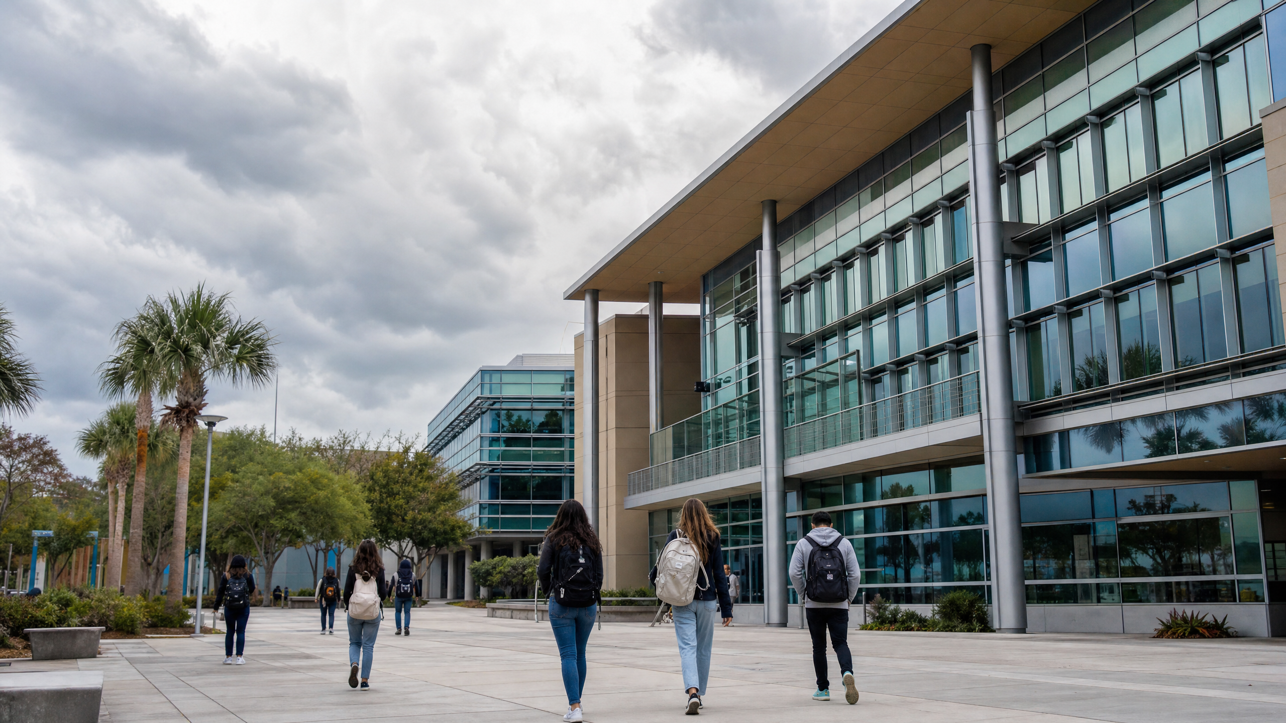 Campus de faculdade comunitária na Flórida com estudantes caminhando sob céu nublado