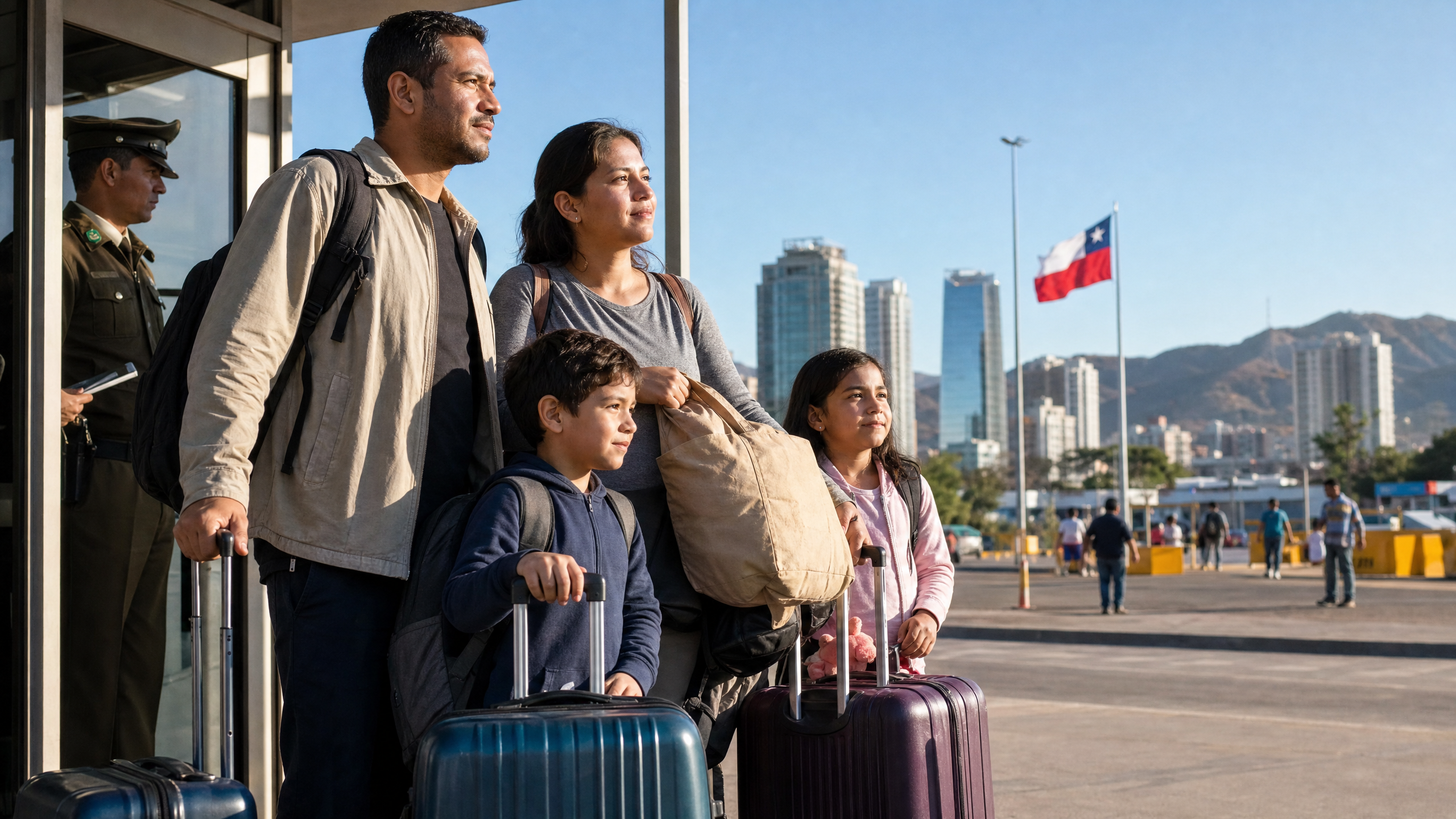 Família com malas em fronteira sul-americana representando a emigração de brasileiros para o Paraguai