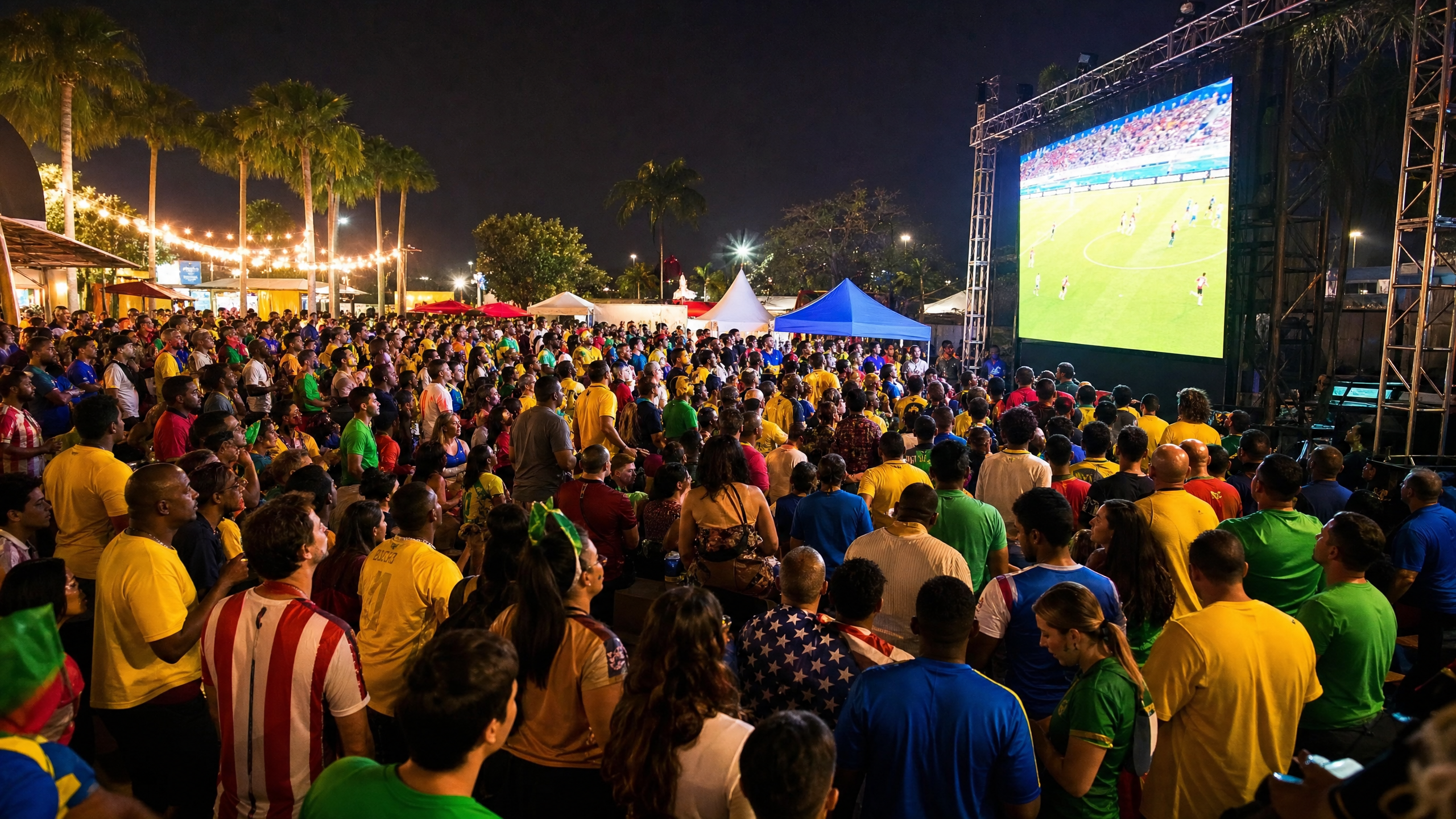 Multidão de torcedores com camisas do Brasil e EUA assistindo jogo da Copa do Mundo em telão ao ar livre em Orlando, Flórida
