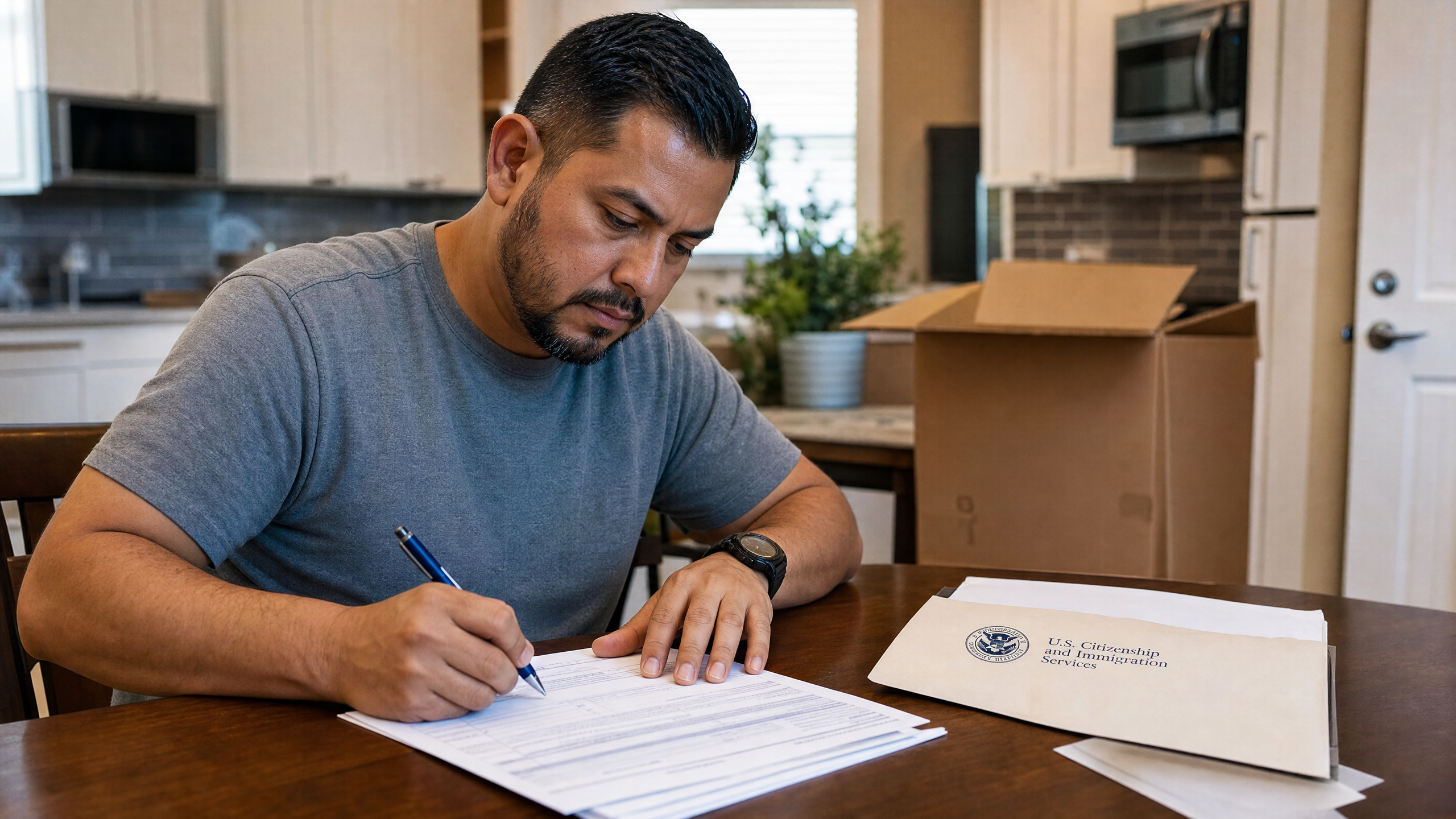 Imigrante brasileiro preenchendo formulário AR-11 do USCIS em casa após mudança de endereço nos EUA