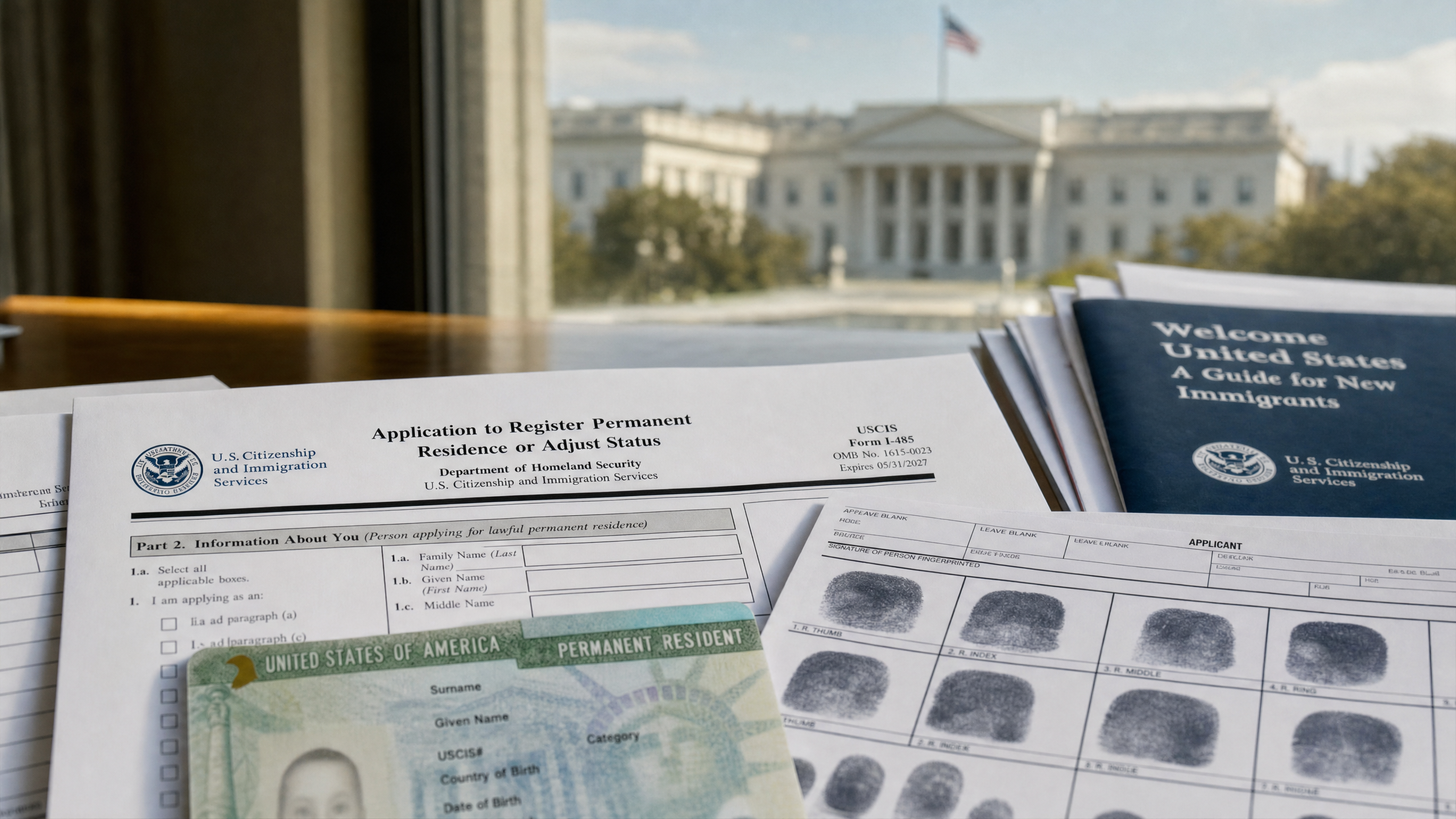 Documentos do USCIS incluindo formulário I-485, Green Card e cartão de impressões digitais