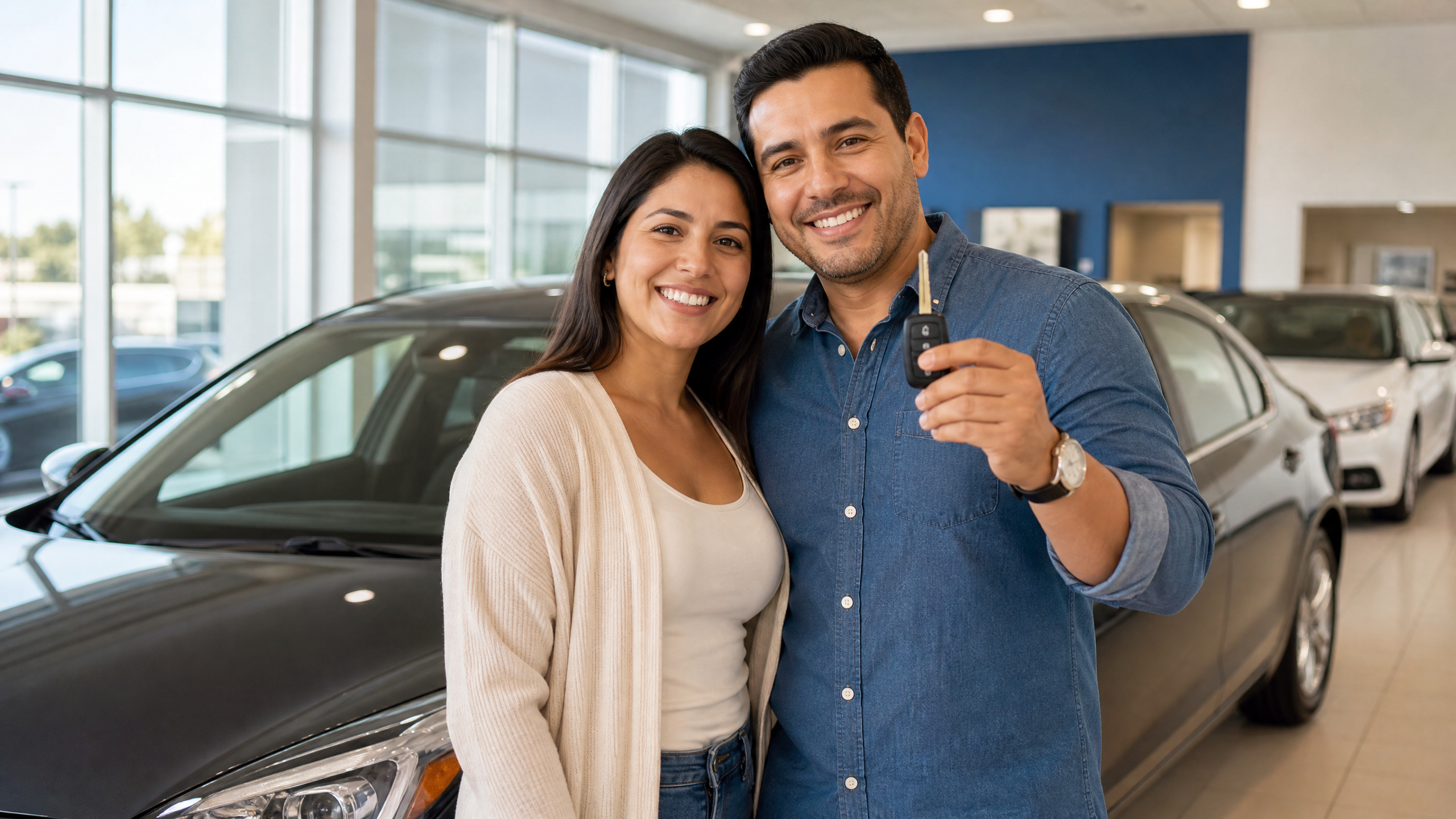 Casal latino feliz em concessionária nos EUA segurando as chaves do primeiro carro
