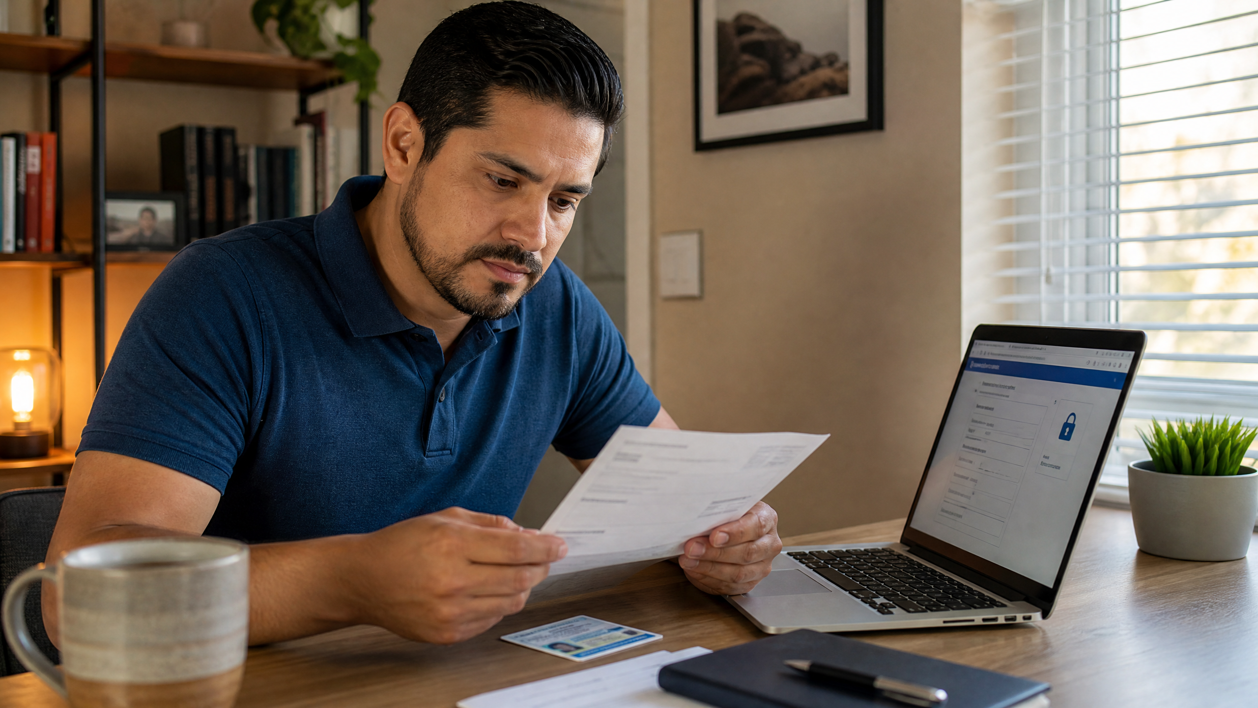 Homem latino revisando documentos e Social Security card em casa nos EUA
