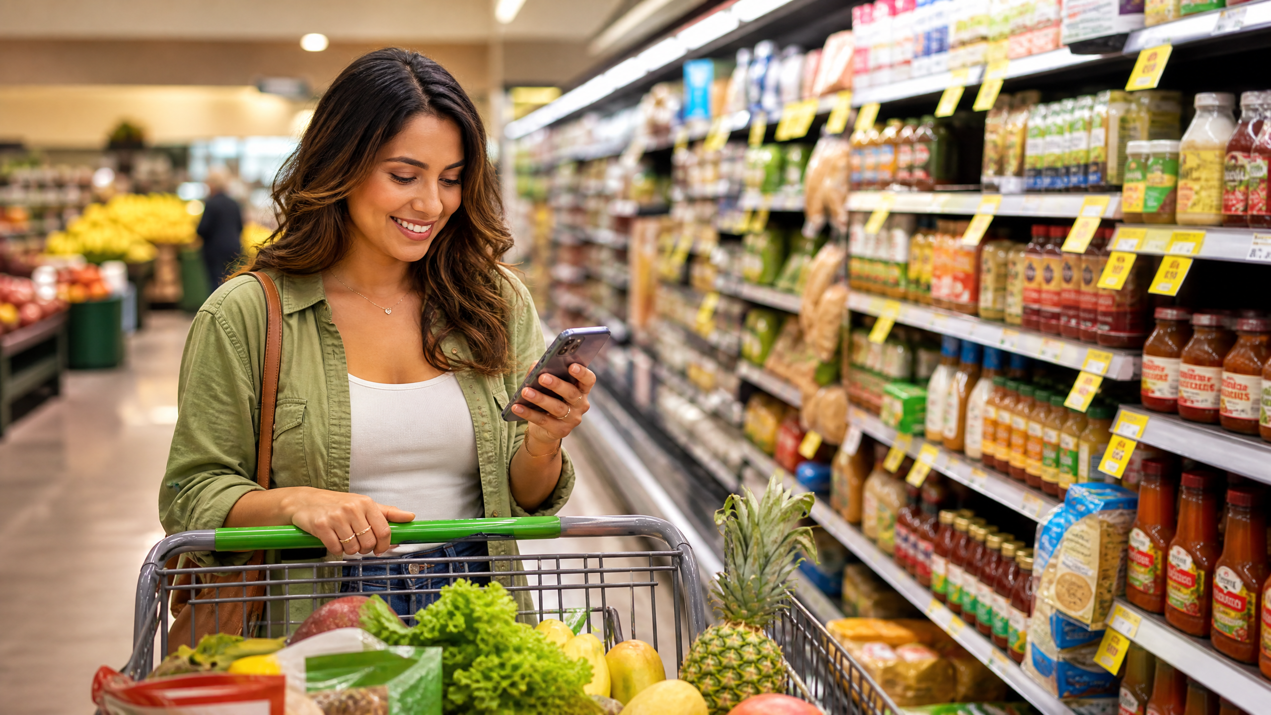 Mulher brasileira fazendo compras em supermercado americano com celular e carrinho cheio