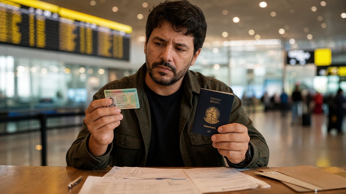 Imigrante brasileiro segurando Green Card e passaporte no aeroporto