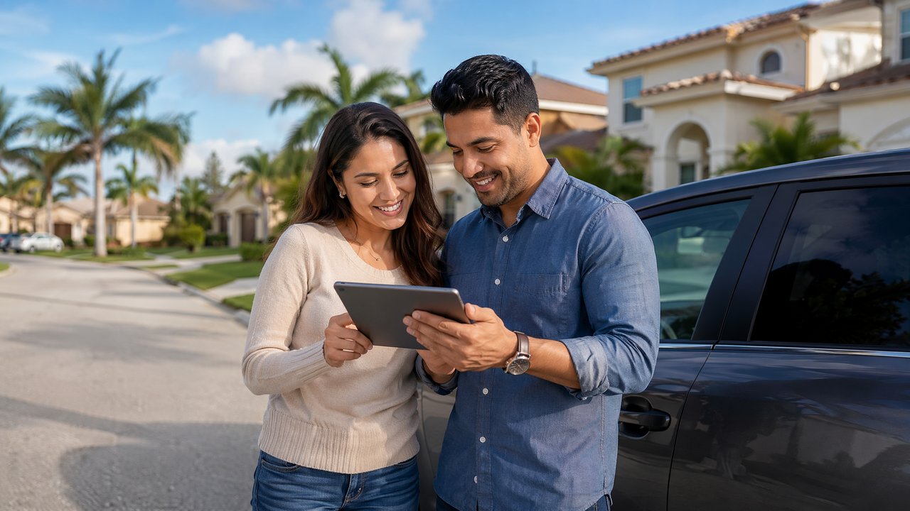 Casal latino comparando seguro de carro em bairro americano