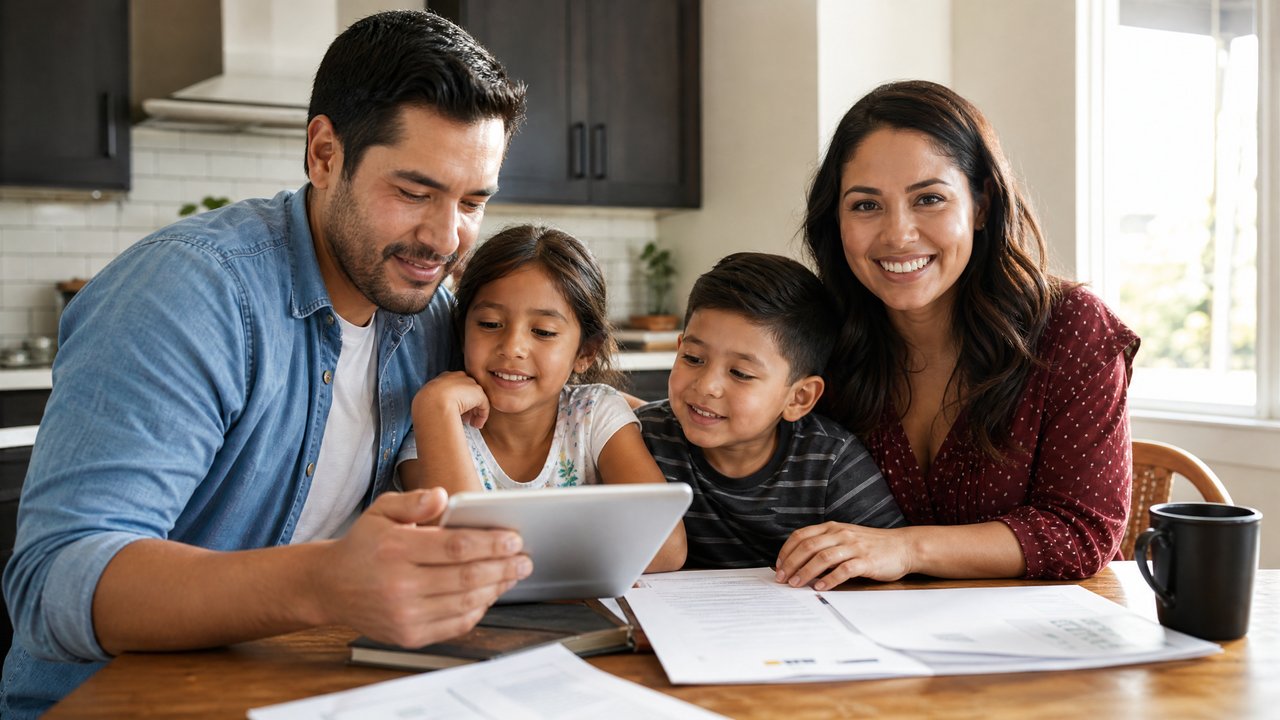 Família latina feliz em casa nos EUA revisando documentos de seguro de vida