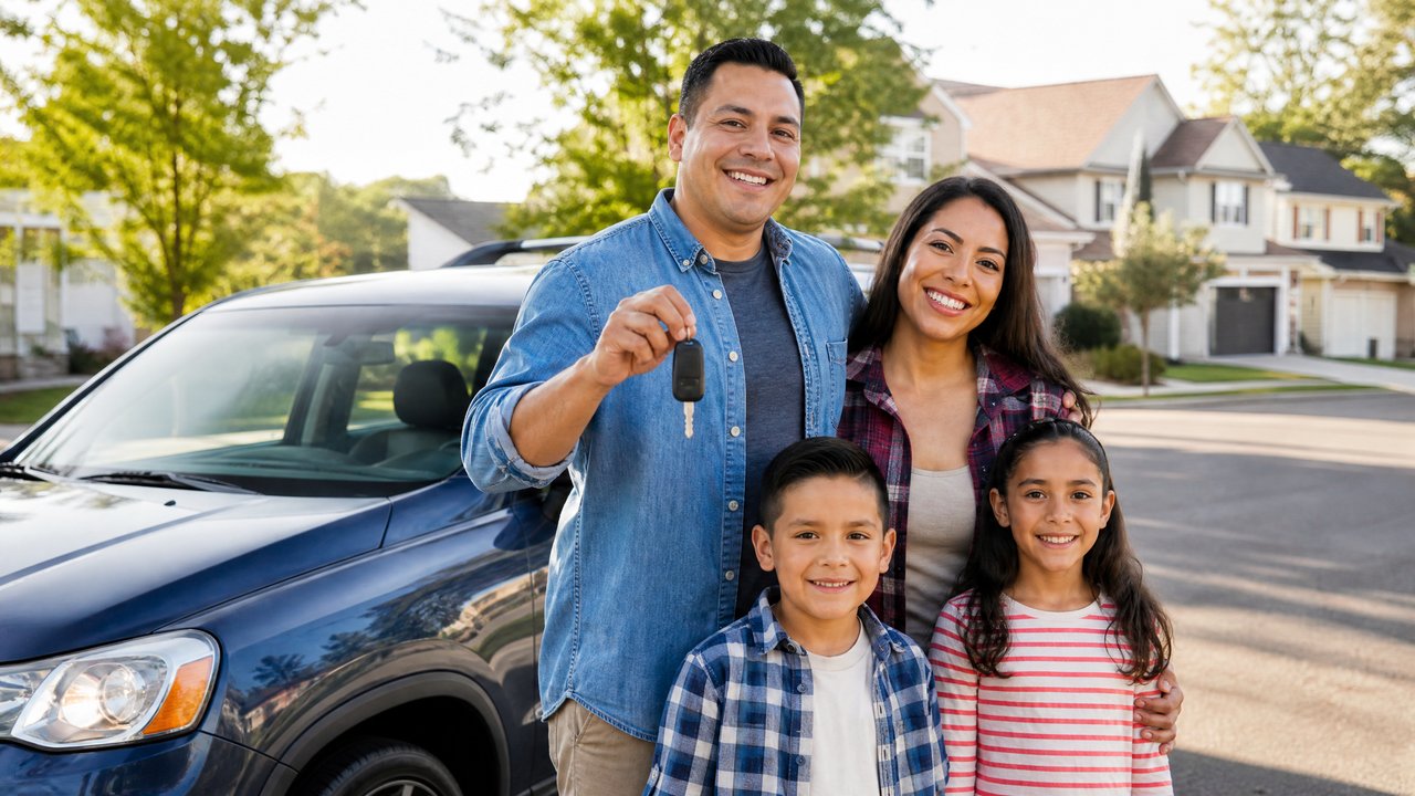 Família brasileira feliz ao lado do carro em bairro americano