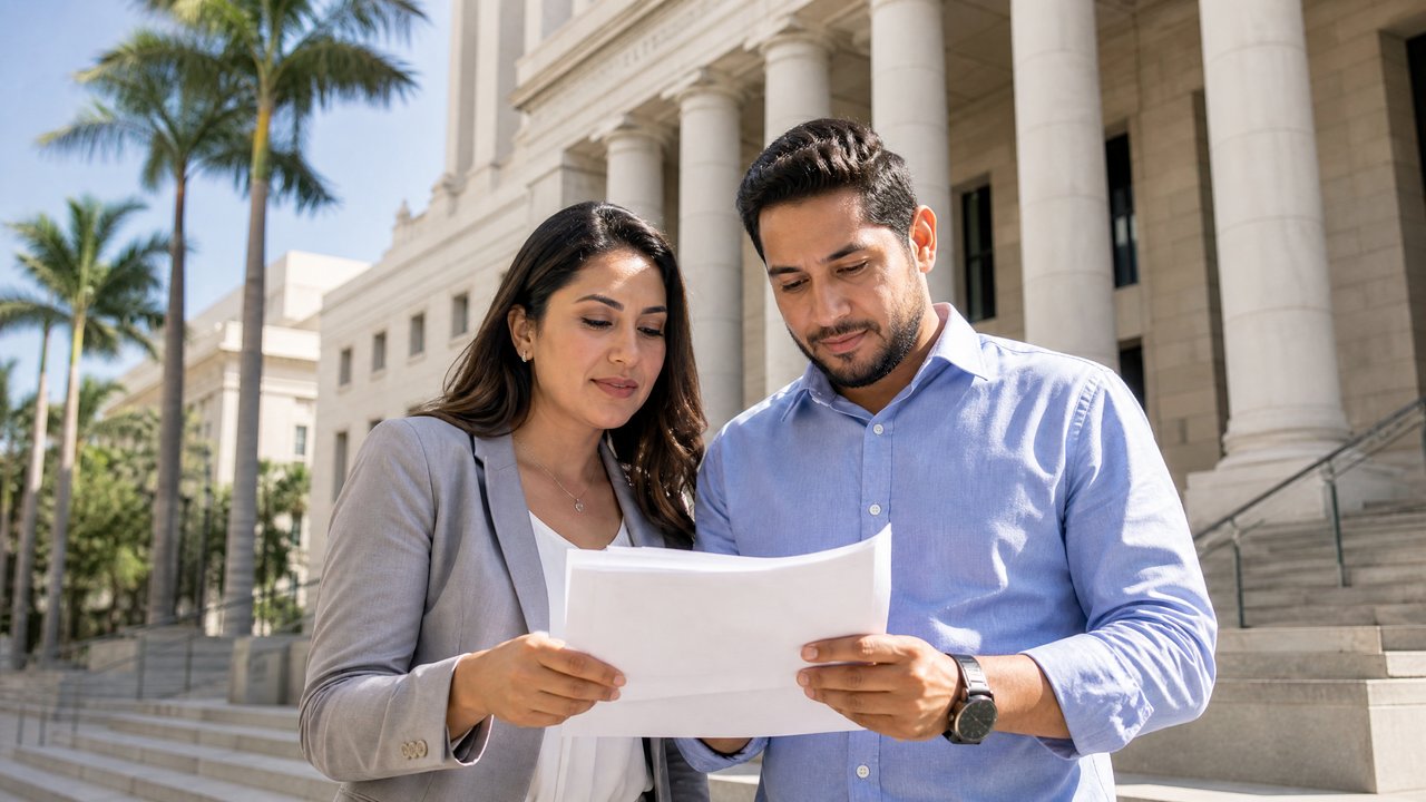 Casal latino lendo documentos oficiais em frente a prédio governamental na Flórida