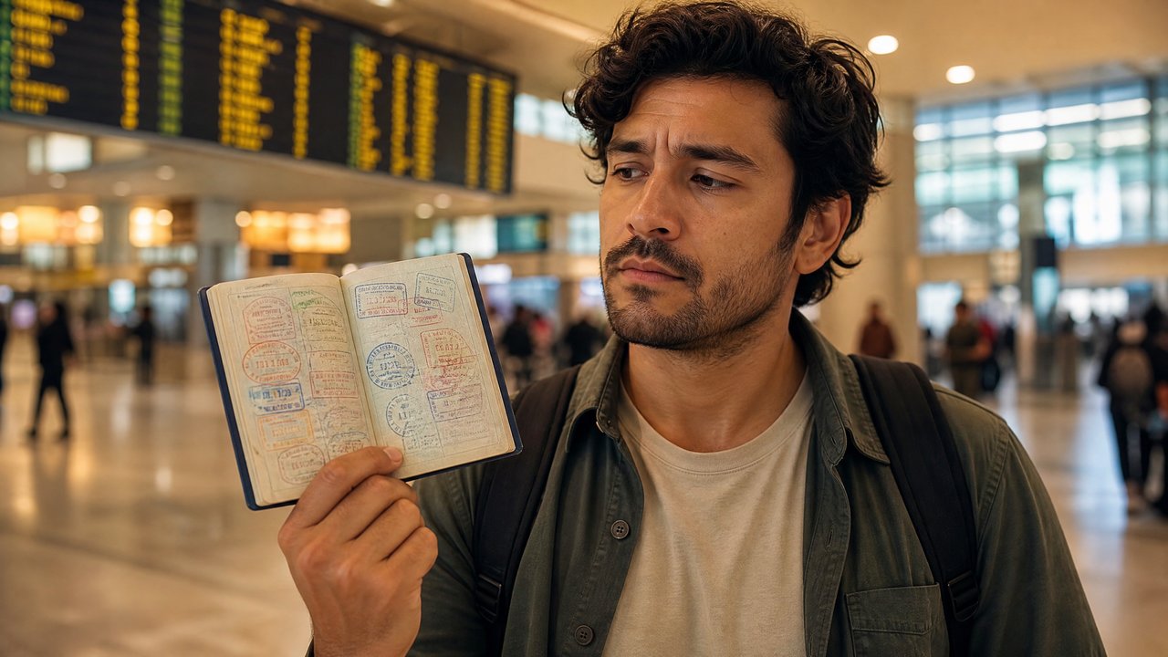 Viajante latino segurando passaporte aberto cheio de carimbos no aeroporto
