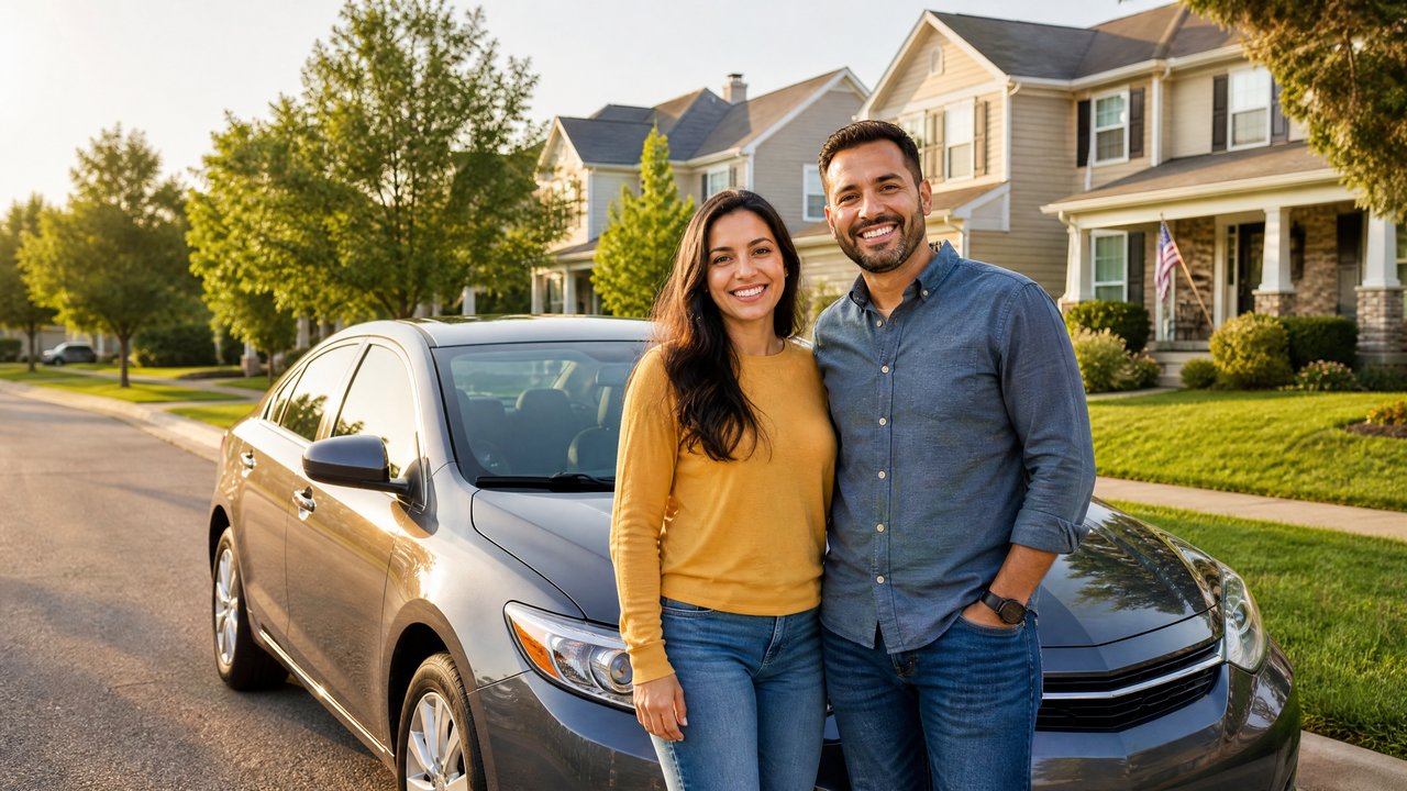 Casal brasileiro sorrindo ao lado do carro em bairro americano