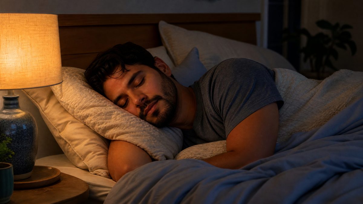 Homem latino dormindo tranquilamente em quarto aconchegante nos EUA