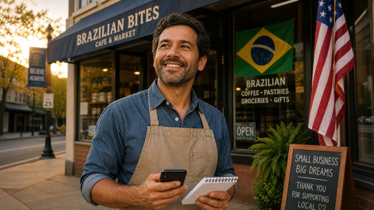 Empreendedor brasileiro sorrindo em frente ao seu negócio nos EUA, com celular e caderno na mão