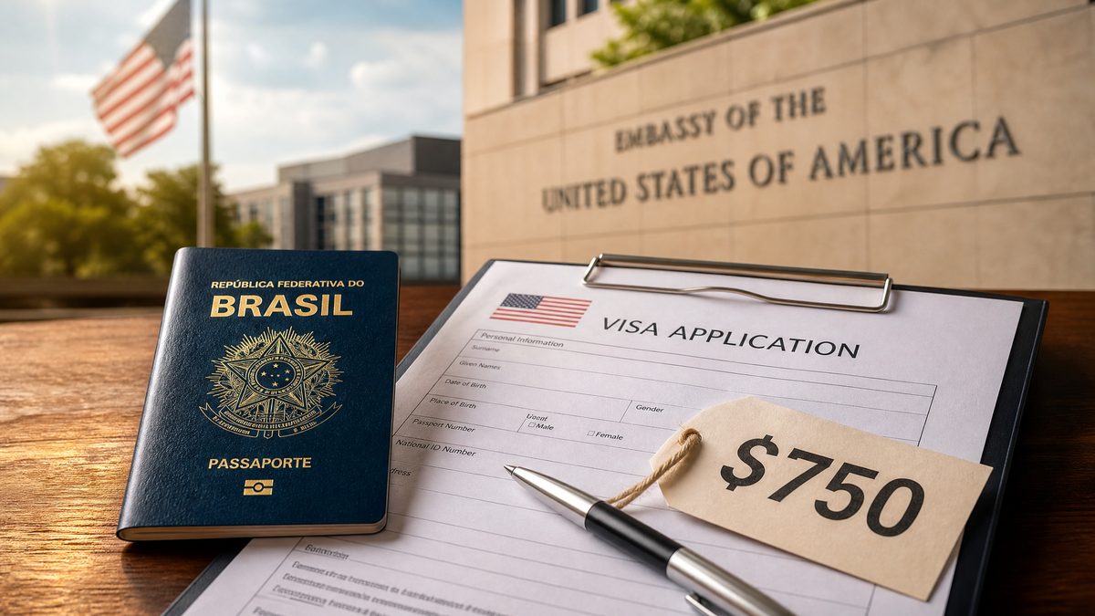 Passaporte brasileiro e formulário de visto americano com etiqueta de US$750 – nova taxa premium para agendamento rápido