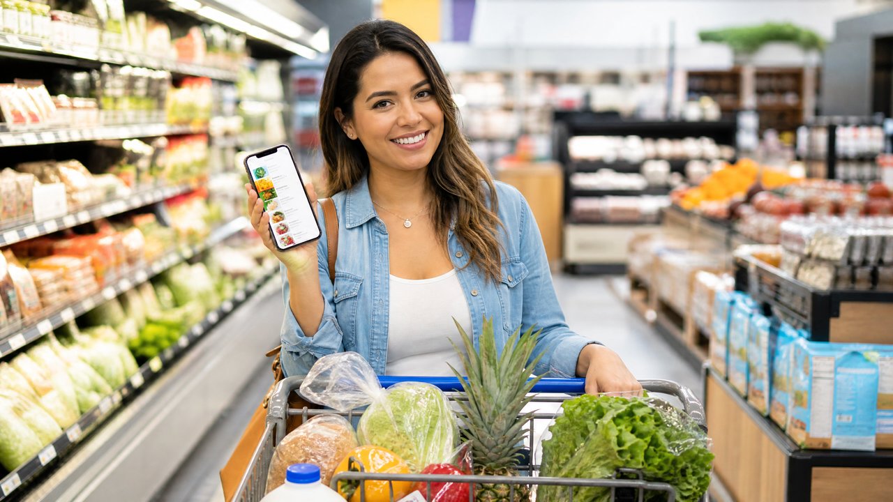 Mulher latina no supermercado americano com carrinho de compras e celular com app de desconto