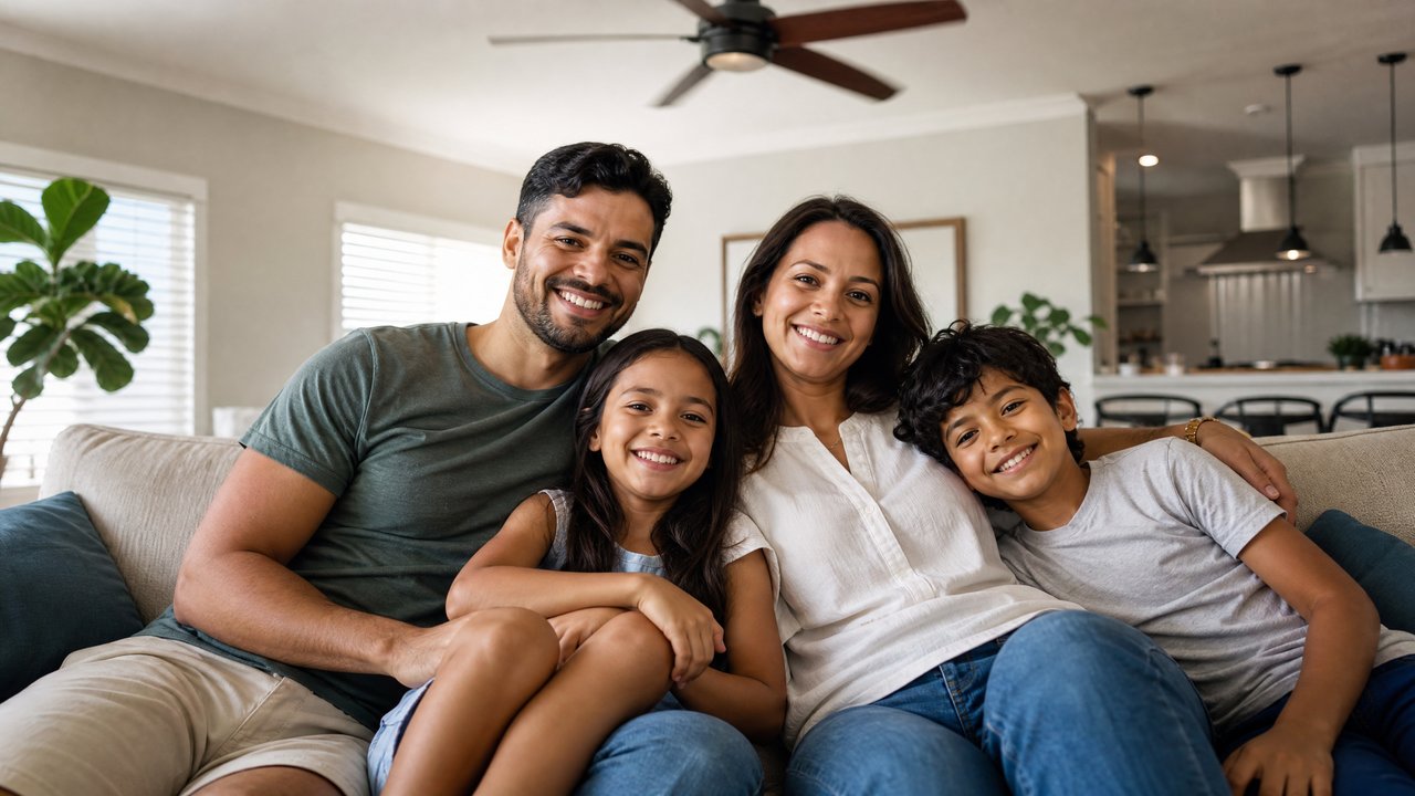 Família brasileira confortável em casa nos EUA
