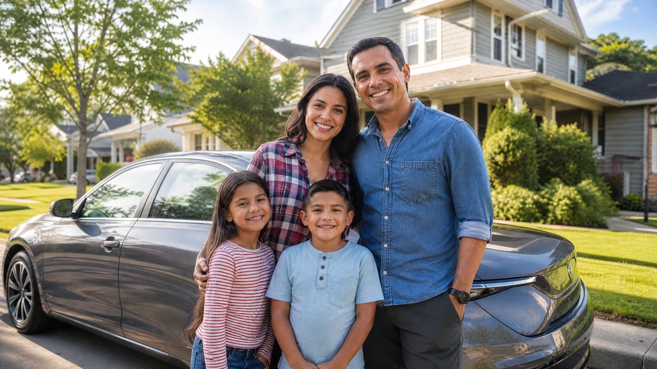 Família brasileira sorrindo ao lado do carro em bairro americano