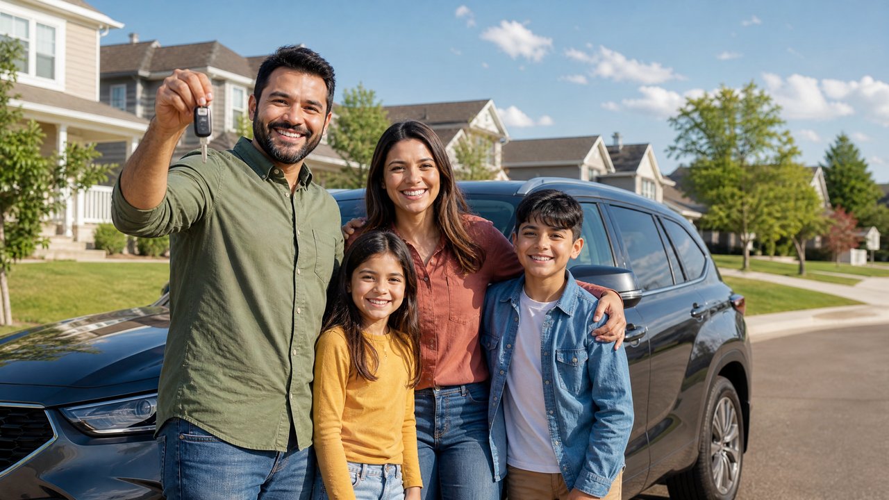 Família latina feliz ao lado do carro em bairro americano