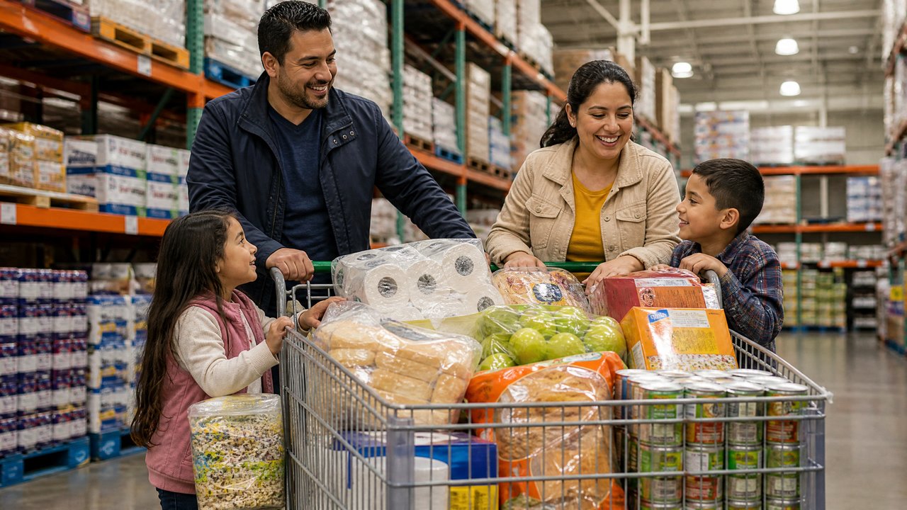 Família latina fazendo compras em atacado em supermercado americano