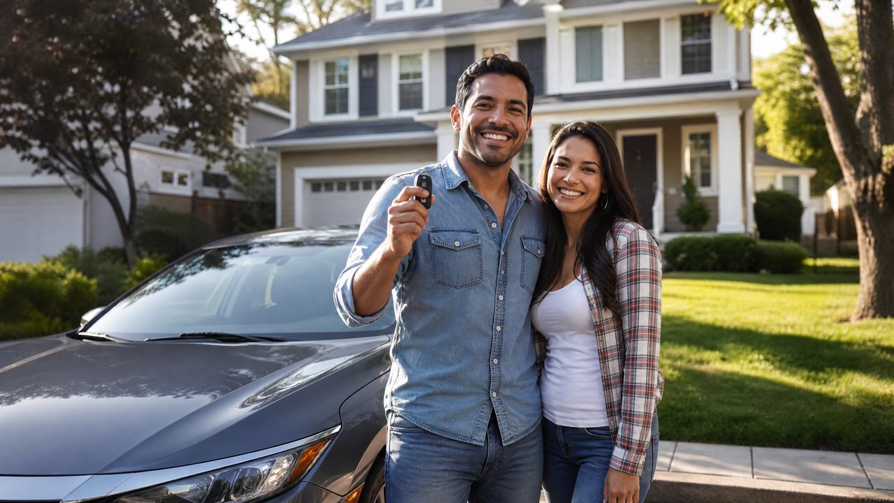 Casal latino feliz ao lado do carro em bairro americano