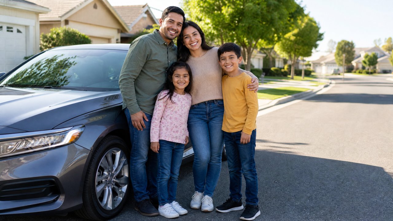 Família latina feliz ao lado de seu carro em bairro americano