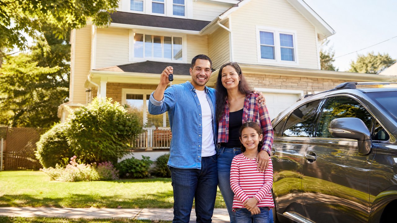 Família latina feliz ao lado do carro em bairro americano