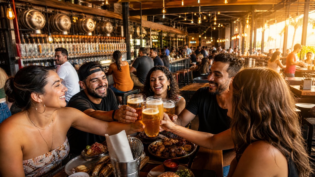 Grupo de amigos brasileiros brindando com cervejas artesanais em cervejaria na Flórida