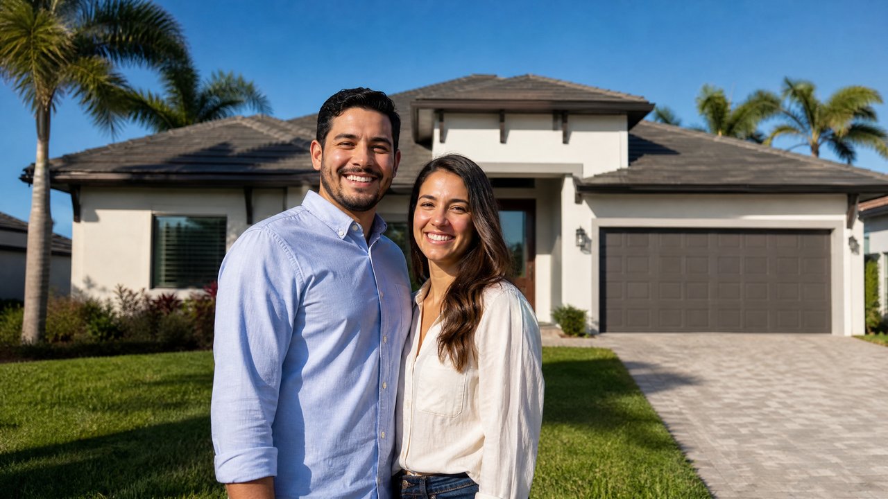 Casal brasileiro sorrindo em frente à casa própria na Flórida com palmeiras ao fundo