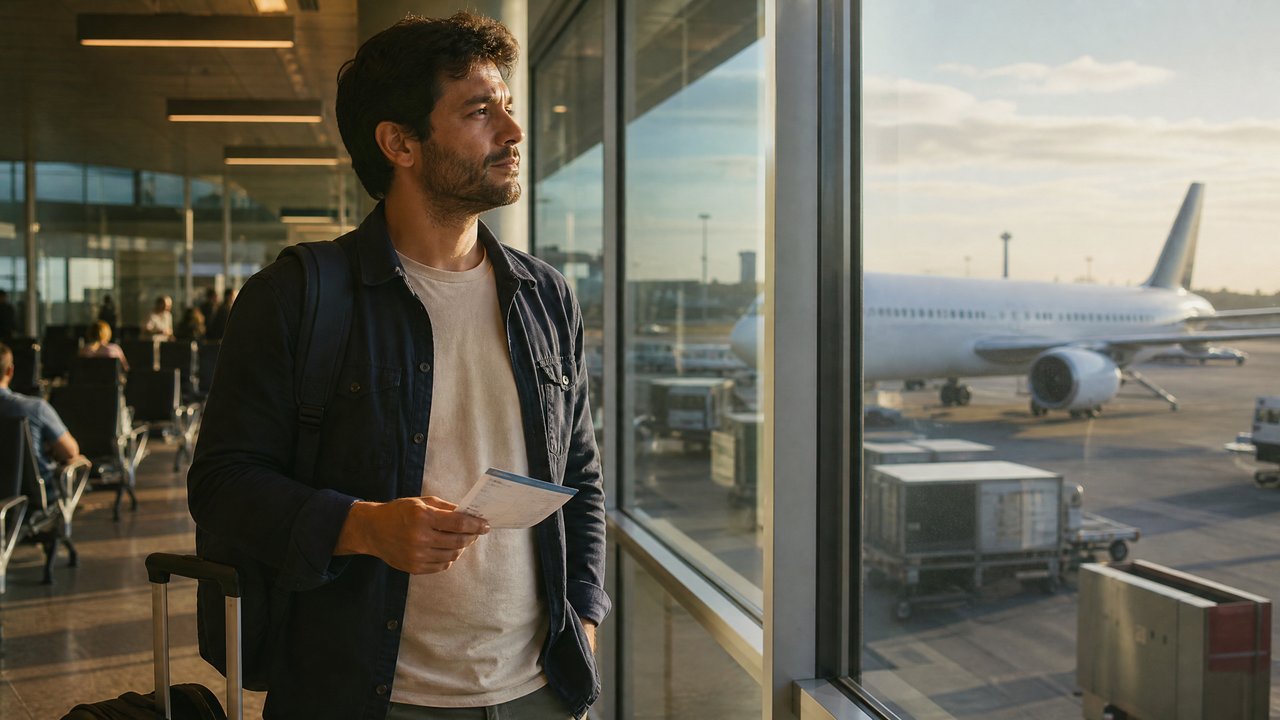 Brasileiro no aeroporto pensativo segurando passagem, olhando para o avião pela janela