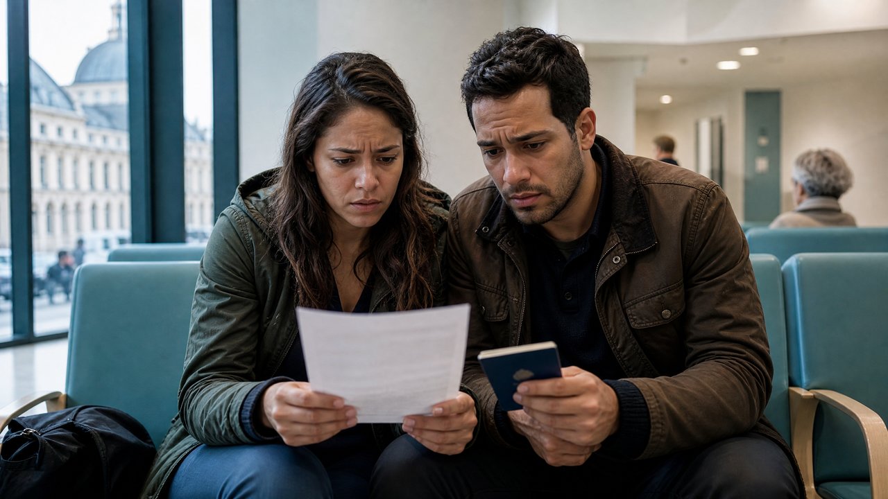 Casal brasileiro preocupado em sala de espera de hospital europeu segurando documentos e passaporte