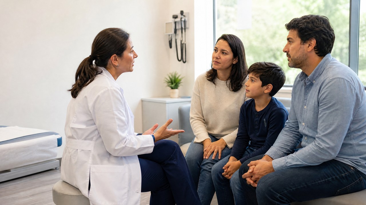 Família brasileira conversando com médica em consulta de rotina nos Estados Unidos