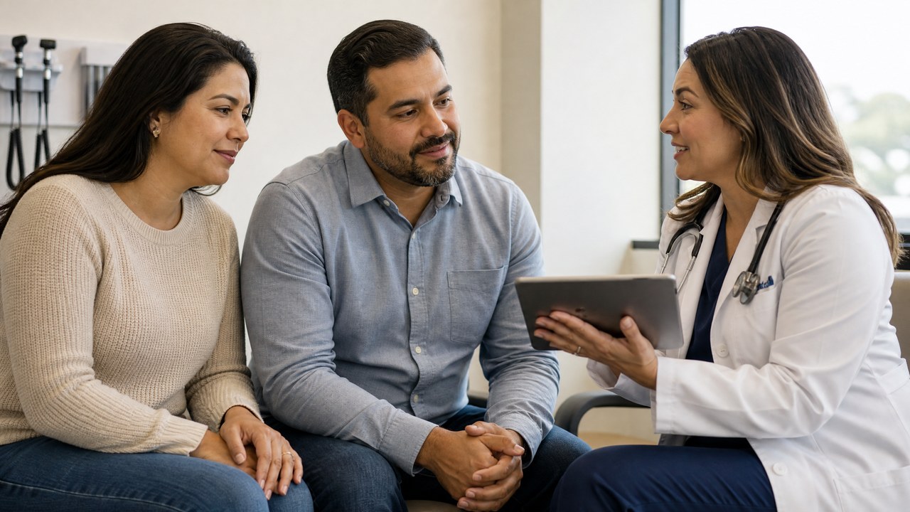 Casal brasileiro conversa com médica sobre uma cirurgia eletiva em uma clínica nos Estados Unidos