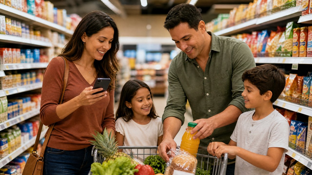 Família brasileira fazendo compras no supermercado nos EUA