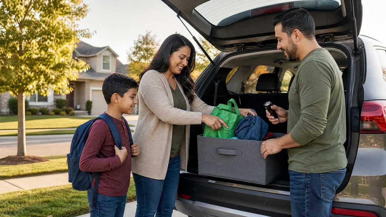 Família brasileira organizando itens práticos no porta-malas de um carro nos Estados Unidos