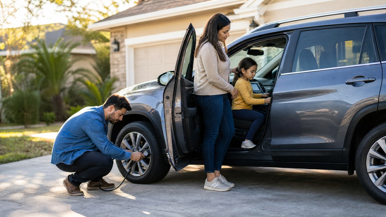 Família brasileira verifica o carro na garagem de uma casa nos Estados Unidos