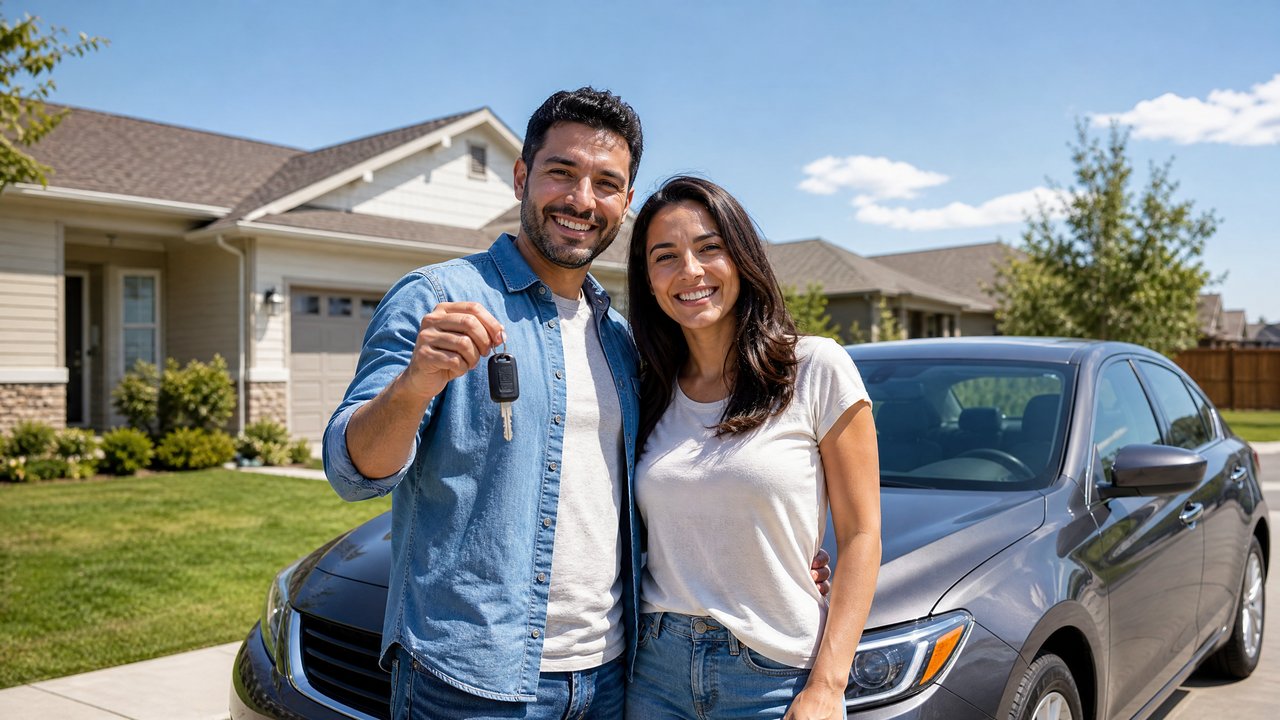 Casal latino sorrindo com as chaves do carro em frente a uma casa americana
