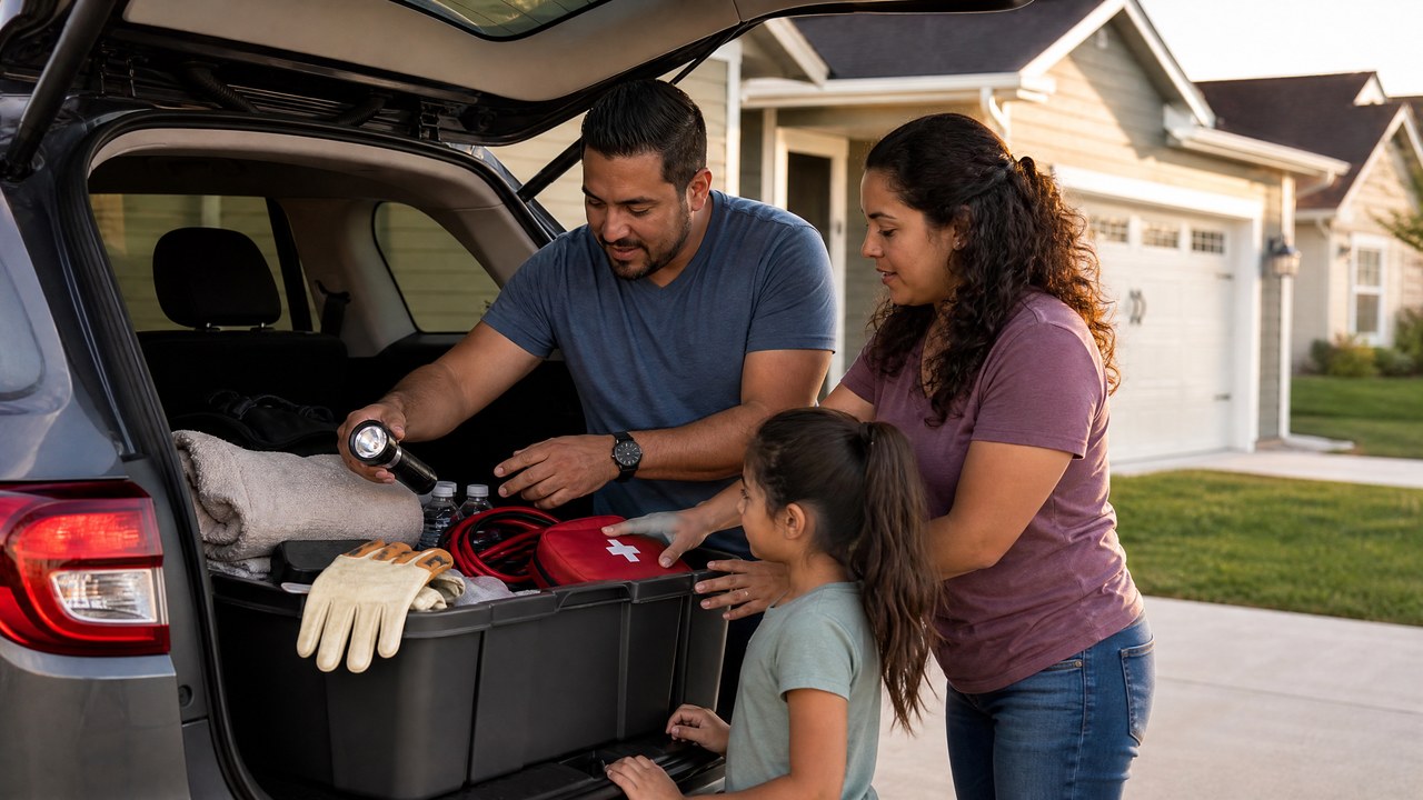 Família brasileira organizando um kit de emergência no porta-malas de um carro nos Estados Unidos