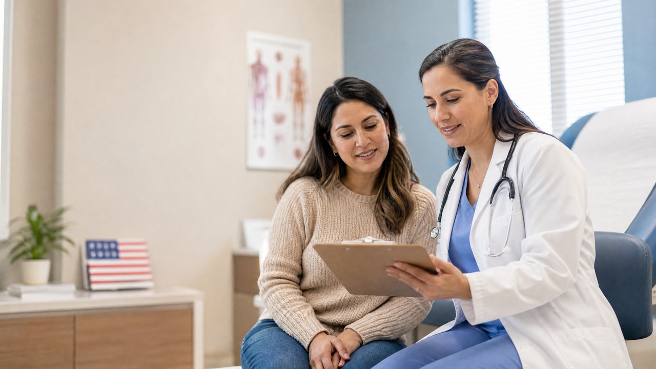 Paciente brasileira conversa com médica durante check-up anual nos Estados Unidos