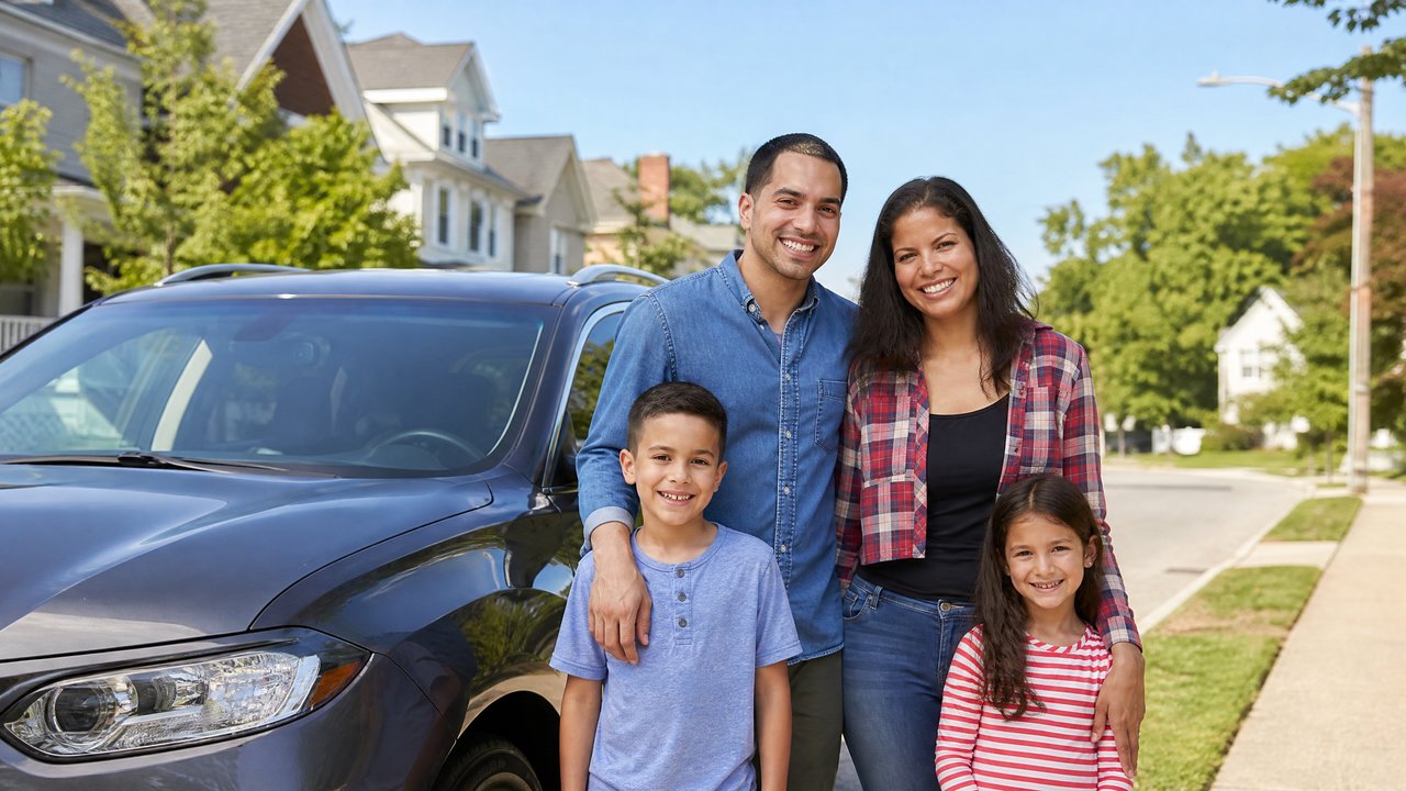 Família latina feliz ao lado do carro em bairro americano