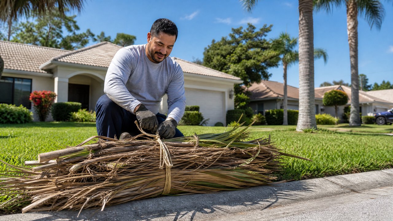 Homem latino organizando galhos e folhas de palmeira na calçada de uma casa na Flórida