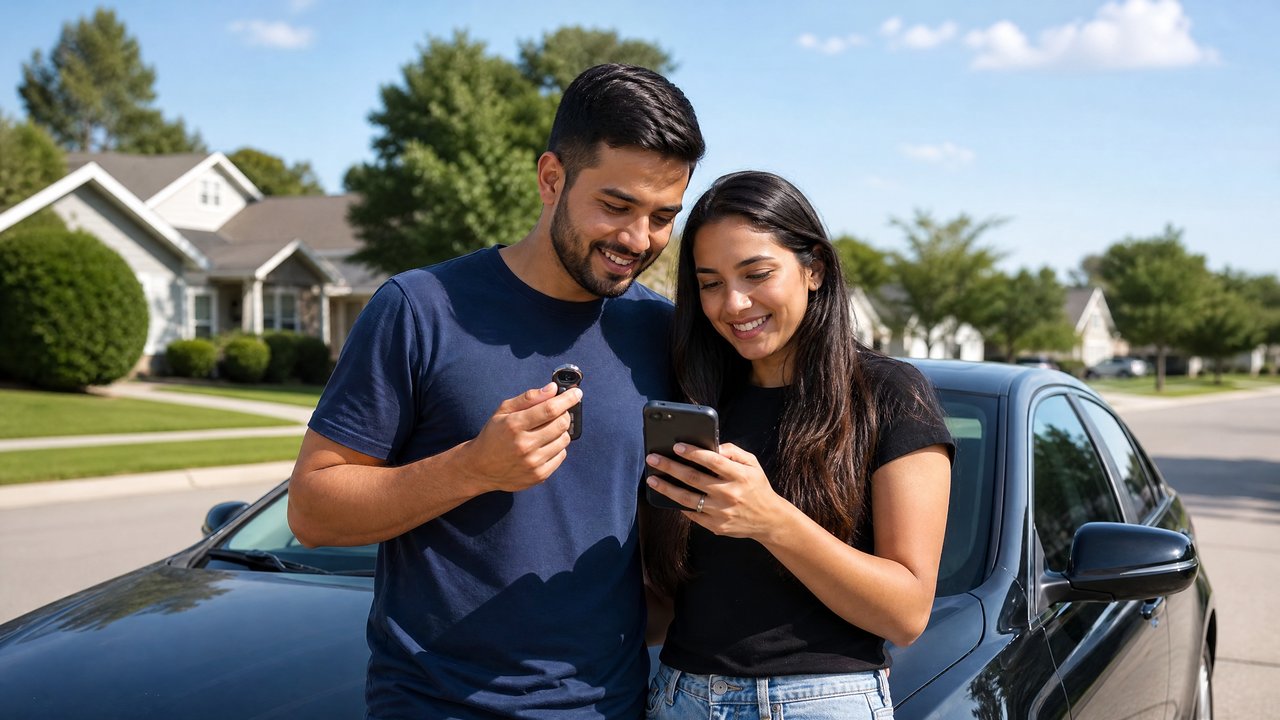 Casal brasileiro olhando informações de seguro de carro nos EUA