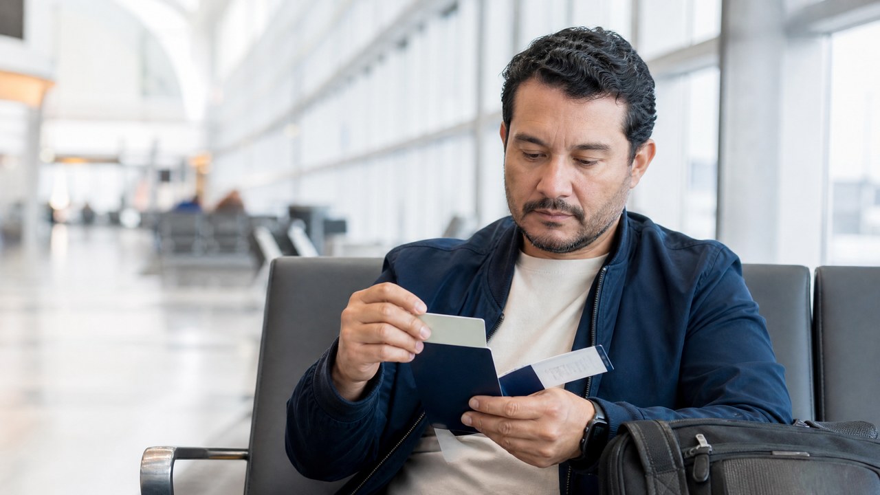 Residente permanente brasileiro organizando documentos de viagem em um aeroporto dos Estados Unidos