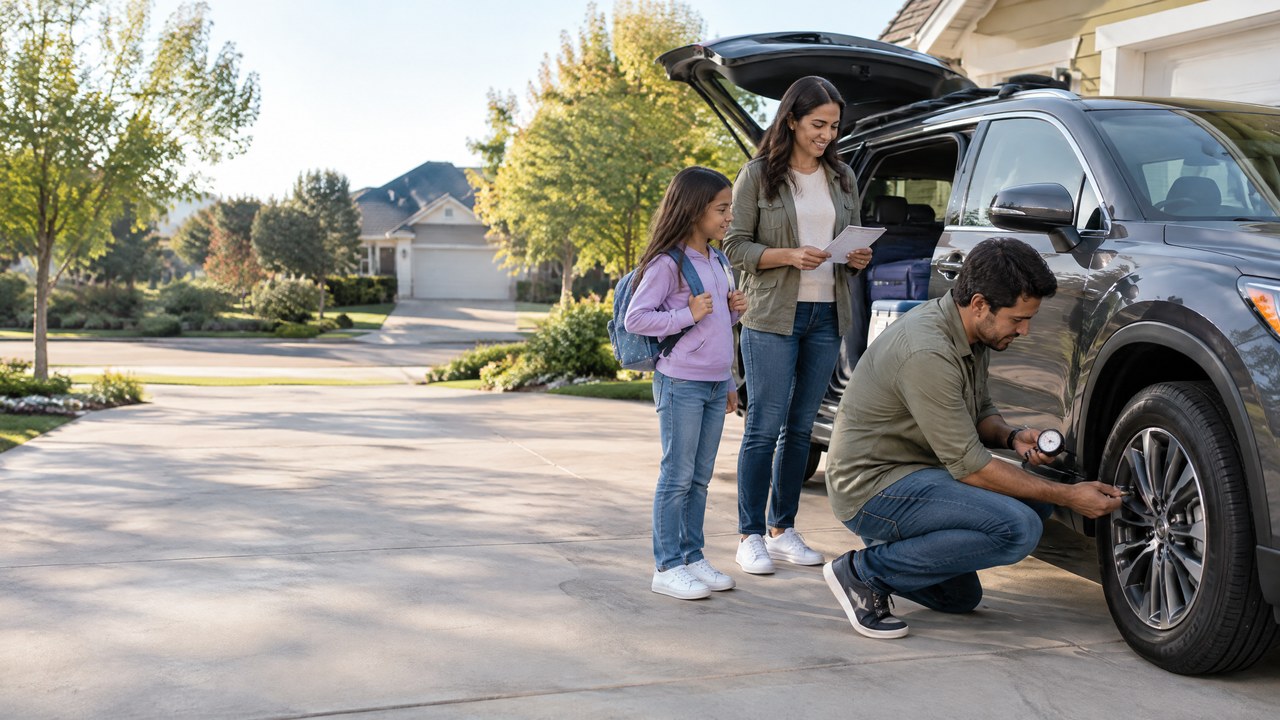 Família brasileira revisa o carro antes de uma viagem nos Estados Unidos