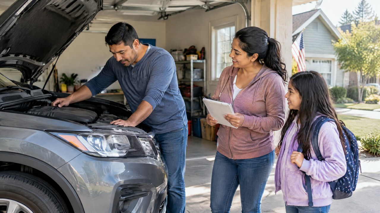 Família latina revisando o carro na garagem de uma casa nos Estados Unidos