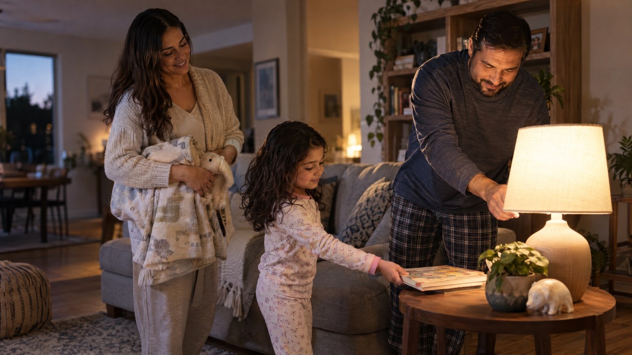Família latina se preparando para dormir em casa nos Estados Unidos