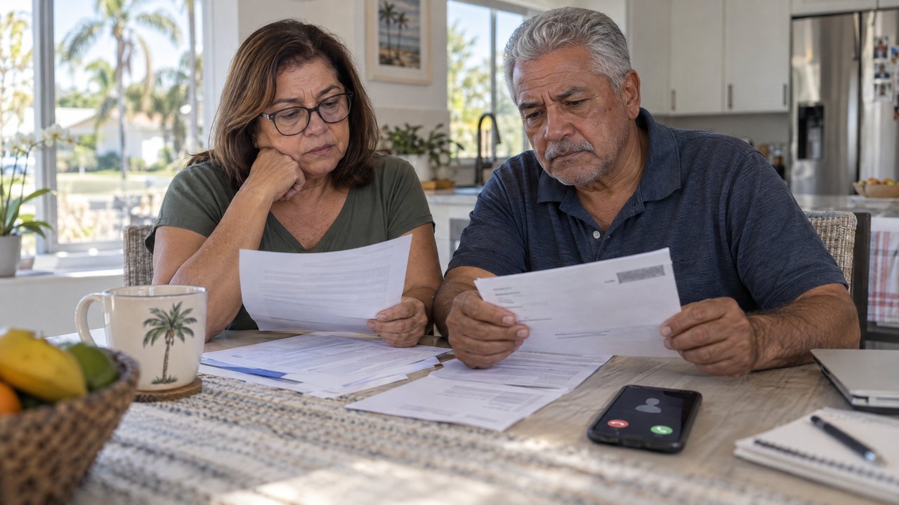 Casal brasileiro revisando documentos do Medicare enquanto ignora uma ligação suspeita
