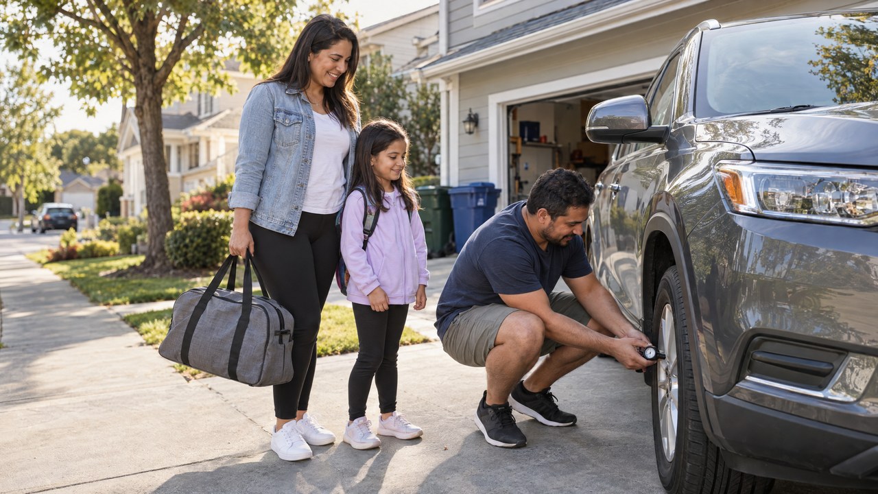 Família brasileira confere o pneu do carro em uma garagem nos Estados Unidos
