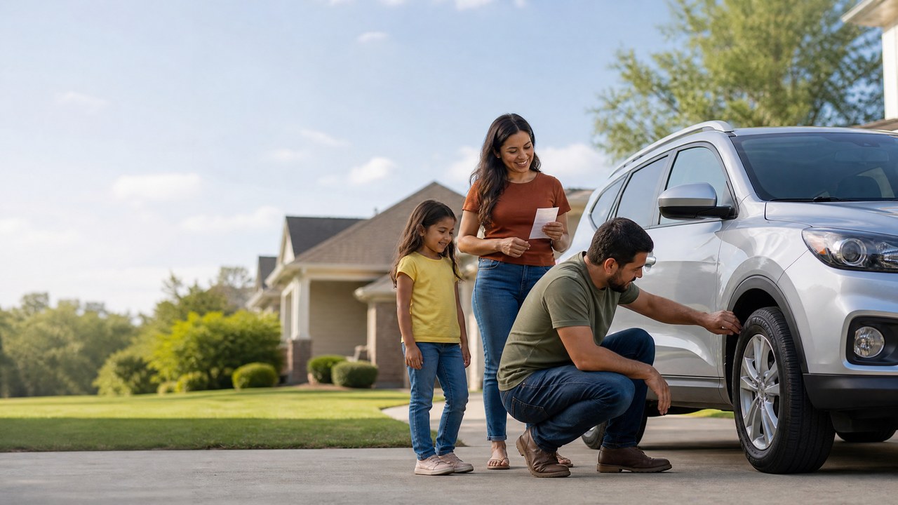 Família brasileira ao lado de um carro em uma garagem nos Estados Unidos