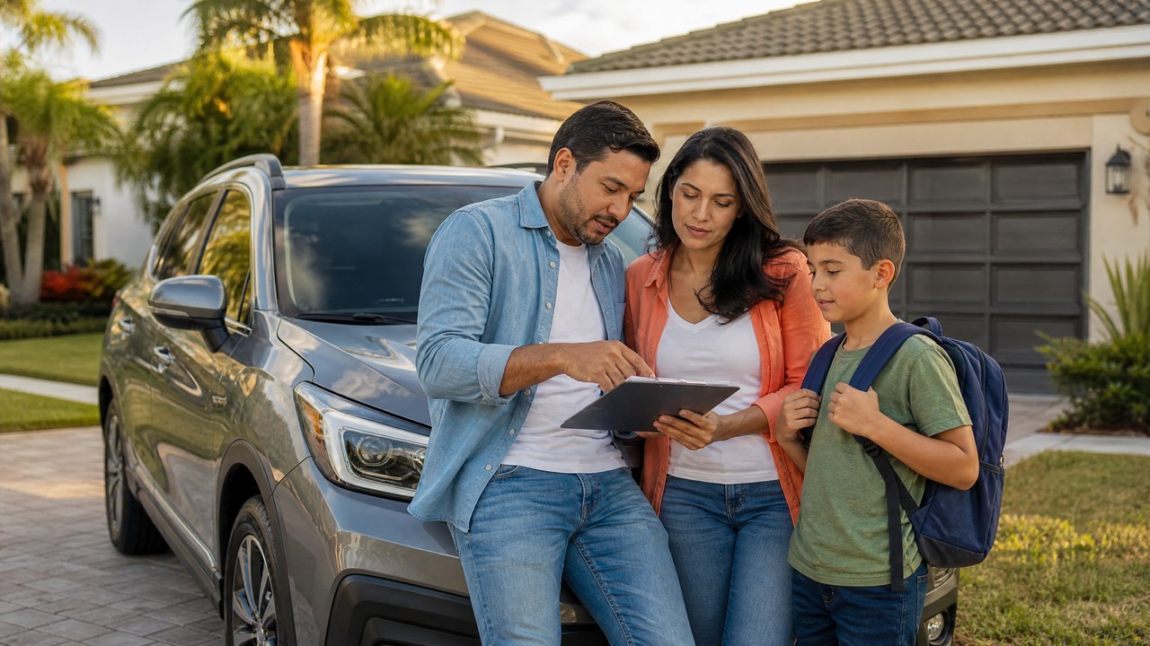 Família brasileira revisando o seguro do carro em frente à casa nos Estados Unidos